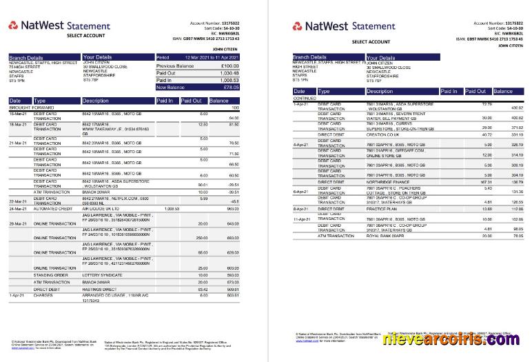 United Kingdom Natwest bank statement in Excel and PDF format (2 pages)